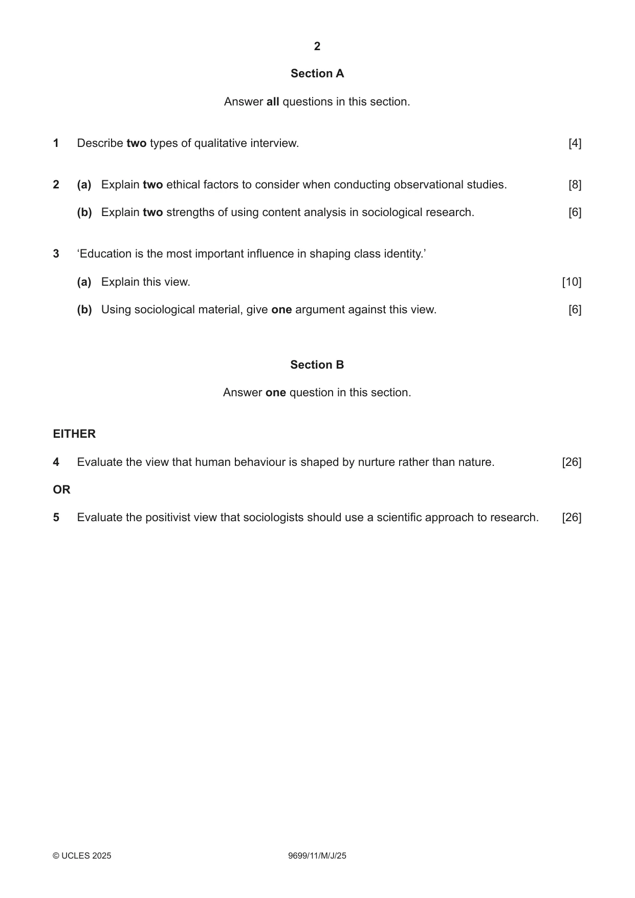 Cambridge A Level Sociology 9699 2025 May/June Paper 1 · Variant 1 question paper, page 2 of 4