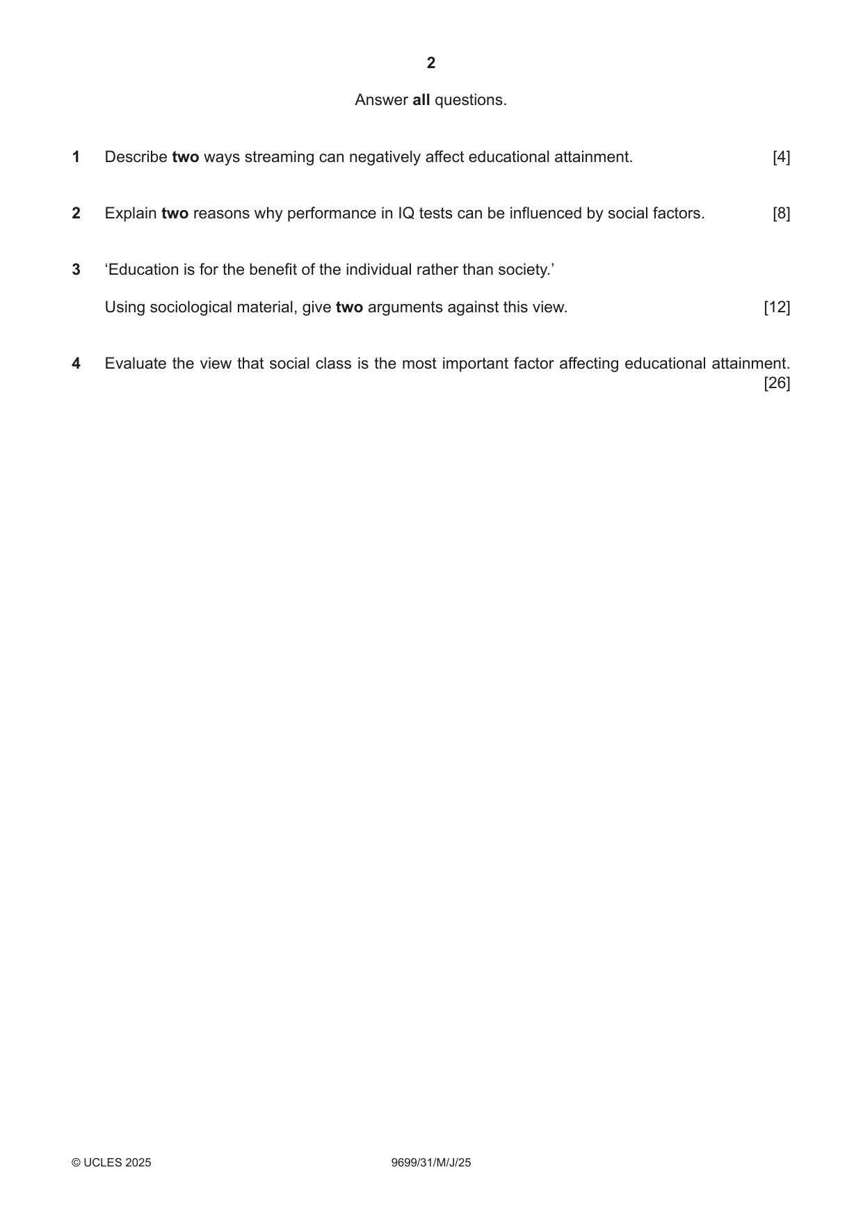 Cambridge A Level Sociology 9699 2025 May/June Paper 3 · Variant 1 question paper, page 2 of 4