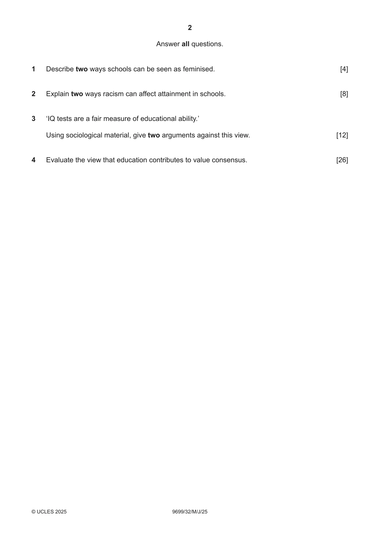 Cambridge A Level Sociology 9699 2025 May/June Paper 3 · Variant 2 question paper, page 2 of 4