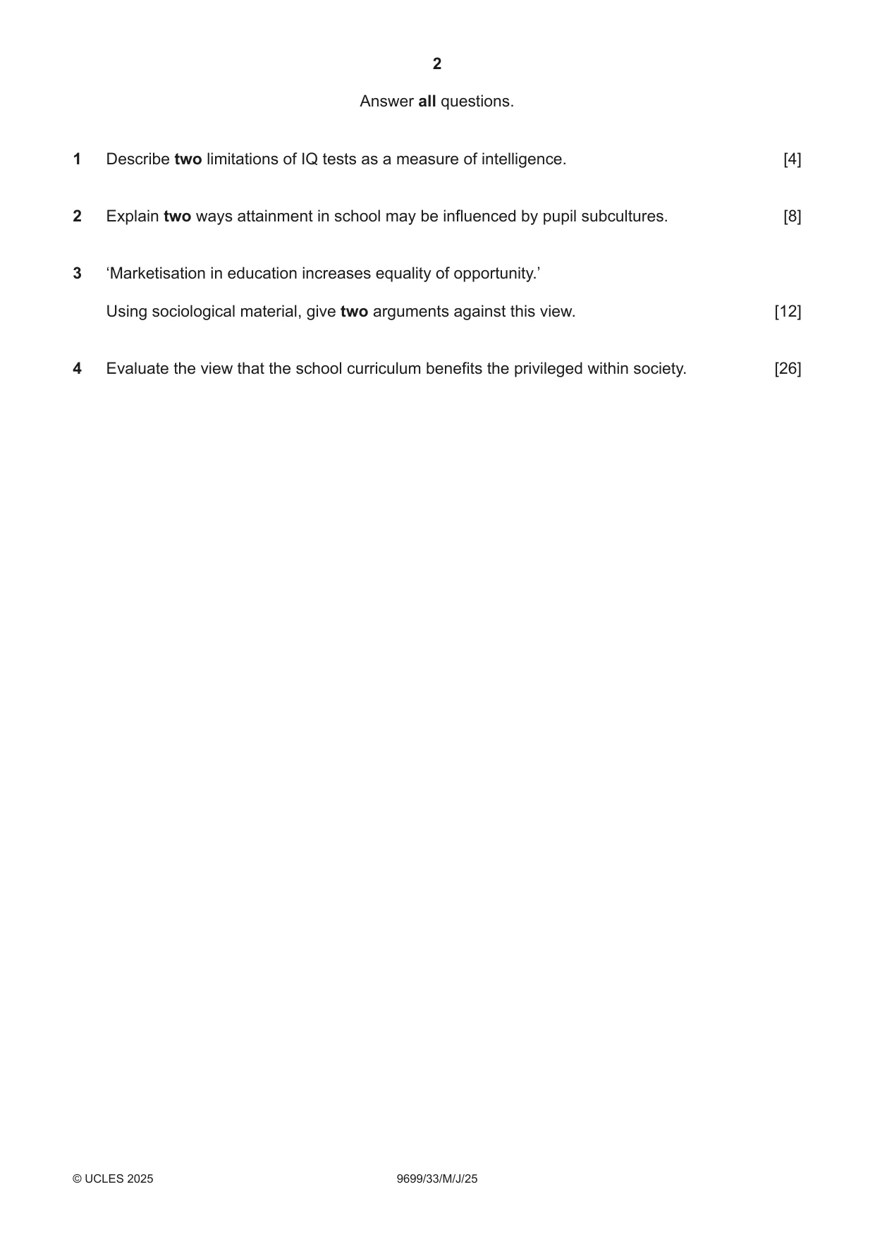 Cambridge A Level Sociology 9699 2025 May/June Paper 3 · Variant 3 question paper, page 2 of 4