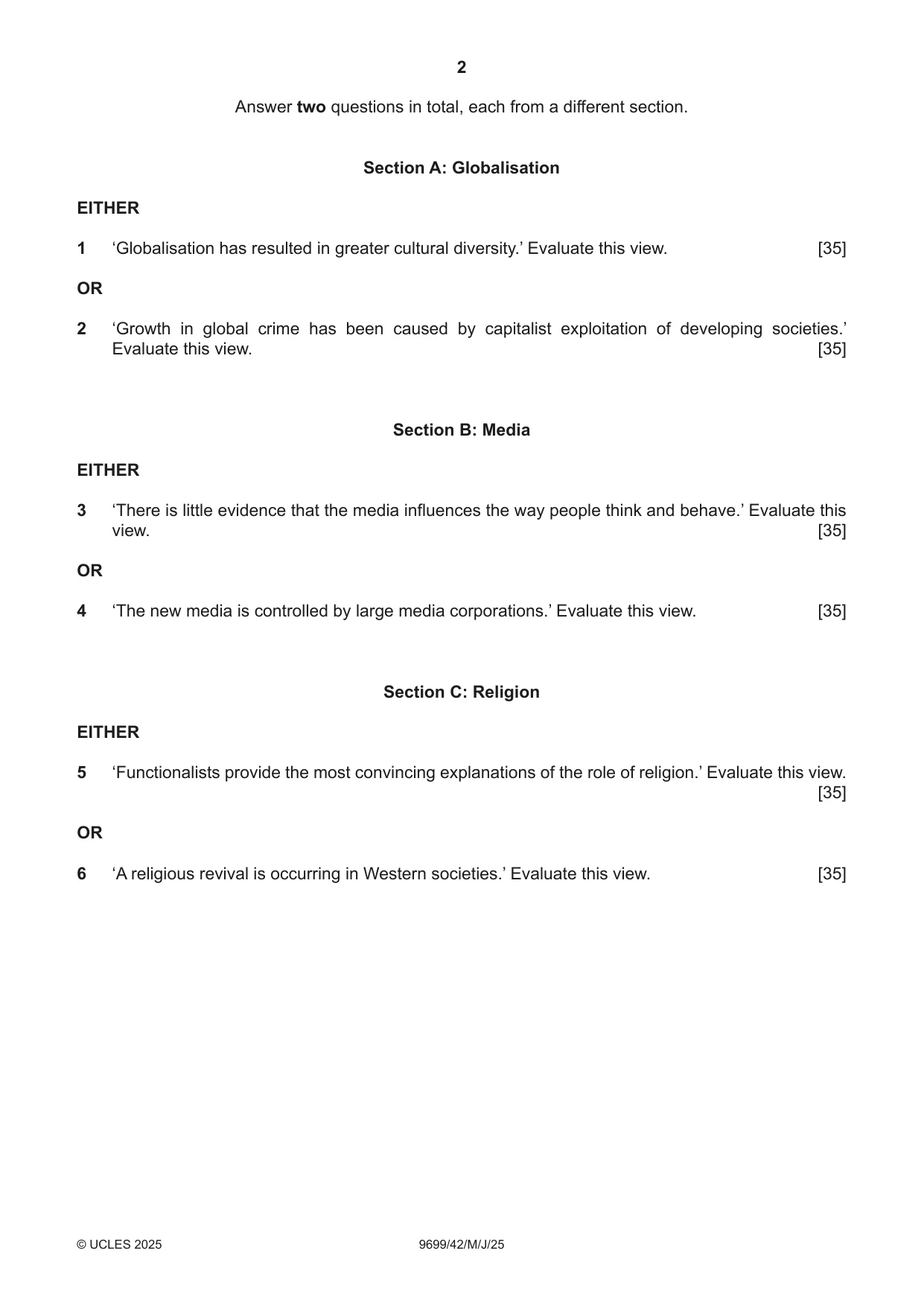 Cambridge A Level Sociology 9699 2025 May/June Paper 4 · Variant 2 question paper, page 2 of 4