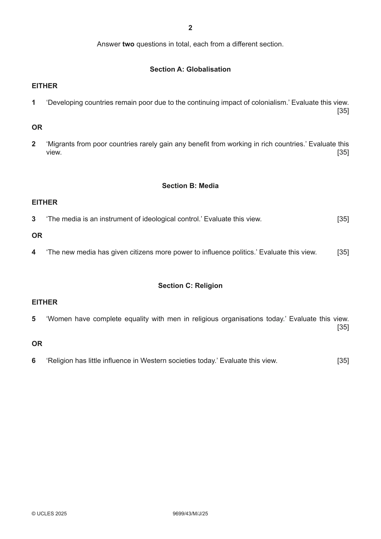 Cambridge A Level Sociology 9699 2025 May/June Paper 4 · Variant 3 question paper, page 2 of 4