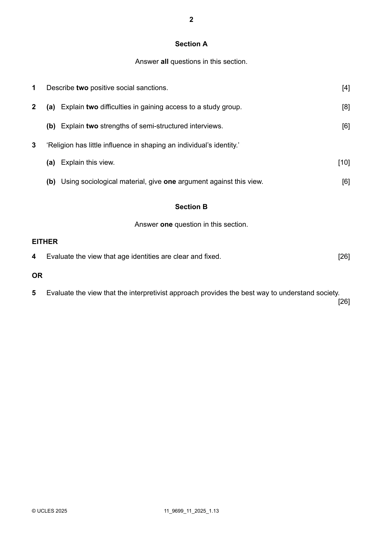 Cambridge A Level Sociology 9699 2025 Oct/Nov Paper 1 · Variant 1 question paper, page 2 of 4
