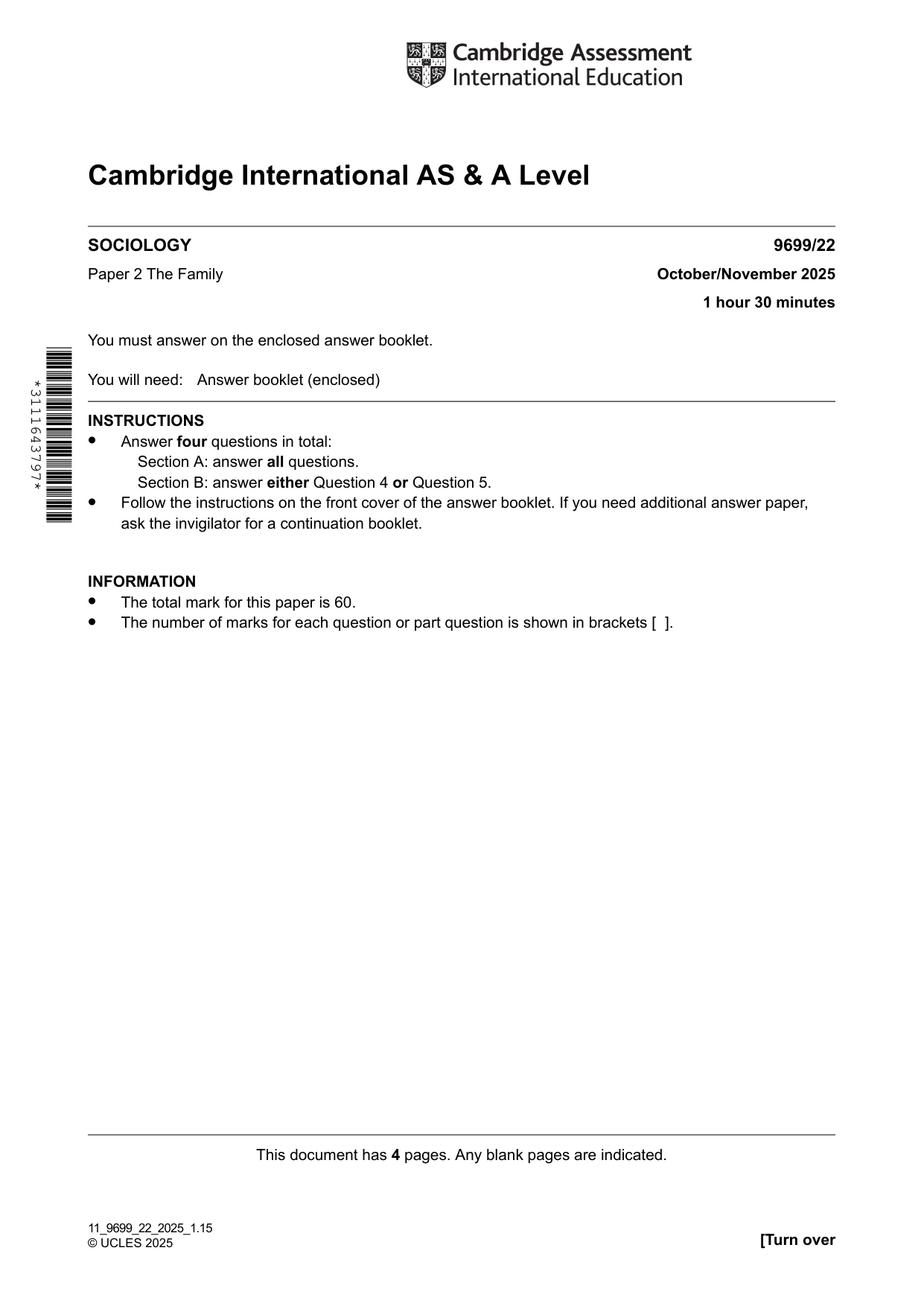 Cambridge A Level Sociology 9699 2025 Oct/Nov Paper 2 · Variant 2 question paper, page 1 of 4