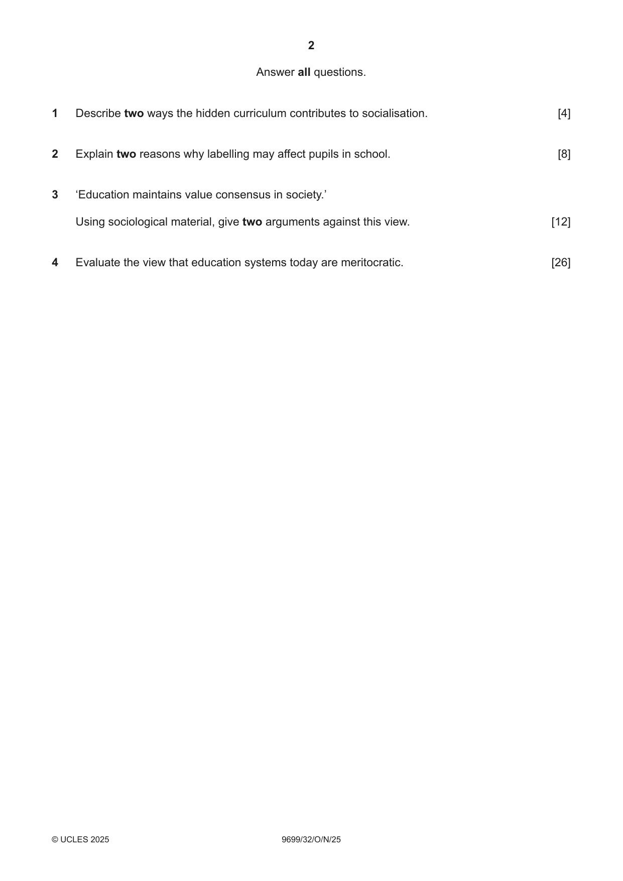Cambridge A Level Sociology 9699 2025 Oct/Nov Paper 3 · Variant 2 question paper, page 2 of 4