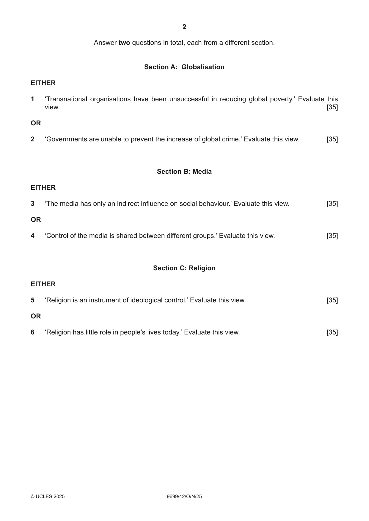 Cambridge A Level Sociology 9699 2025 Oct/Nov Paper 4 · Variant 2 question paper, page 2 of 4