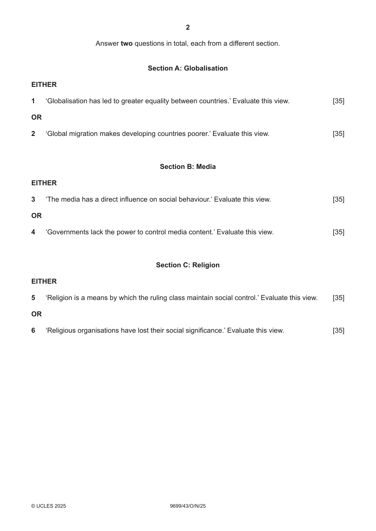 Cambridge A Level Sociology 9699 2025 Oct/Nov Paper 4 · Variant 3 question paper, page 2 of 4