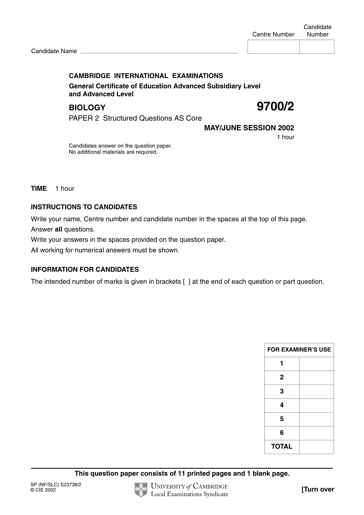 Cambridge A Level Biology 9700 2002 May/June Paper 2 · Variant 1 question paper, page 1 of 12