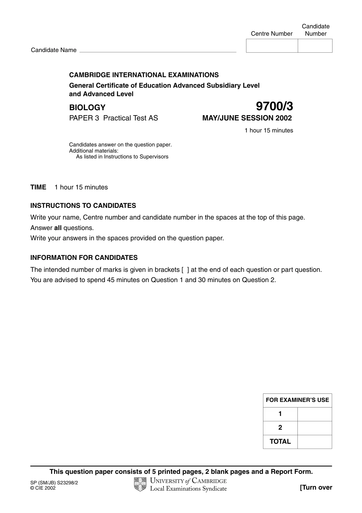 Cambridge A Level Biology 9700 2002 May/June Paper 3 · Variant 1 question paper, page 1 of 8
