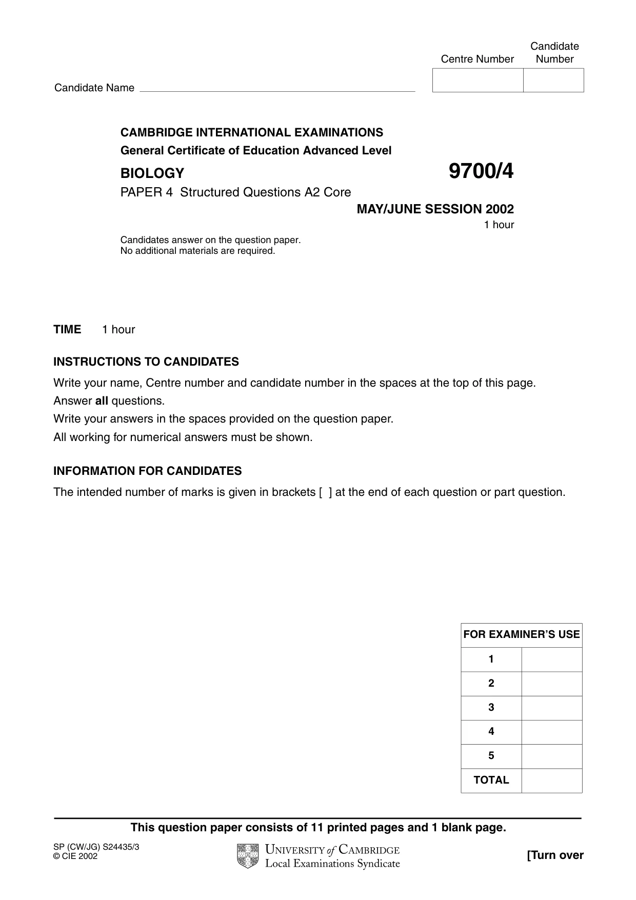 Cambridge A Level Biology 9700 2002 May/June Paper 4 · Variant 1 question paper, page 1 of 12