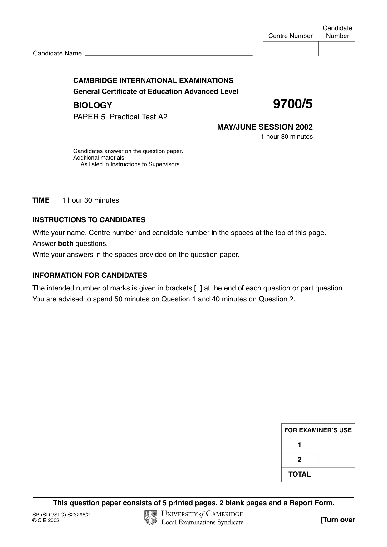 Cambridge A Level Biology 9700 2002 May/June Paper 5 · Variant 1 question paper, page 1 of 8