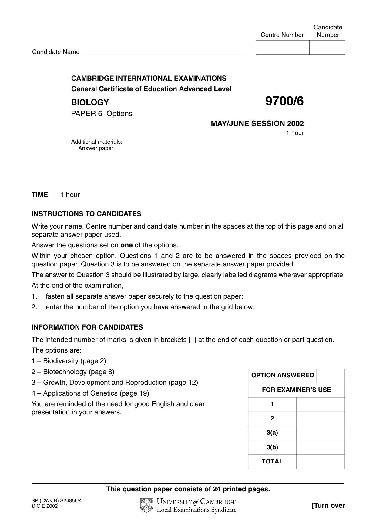 Cambridge A Level Biology 9700 2002 May/June Paper 6 · Variant 1 question paper, page 1 of 24