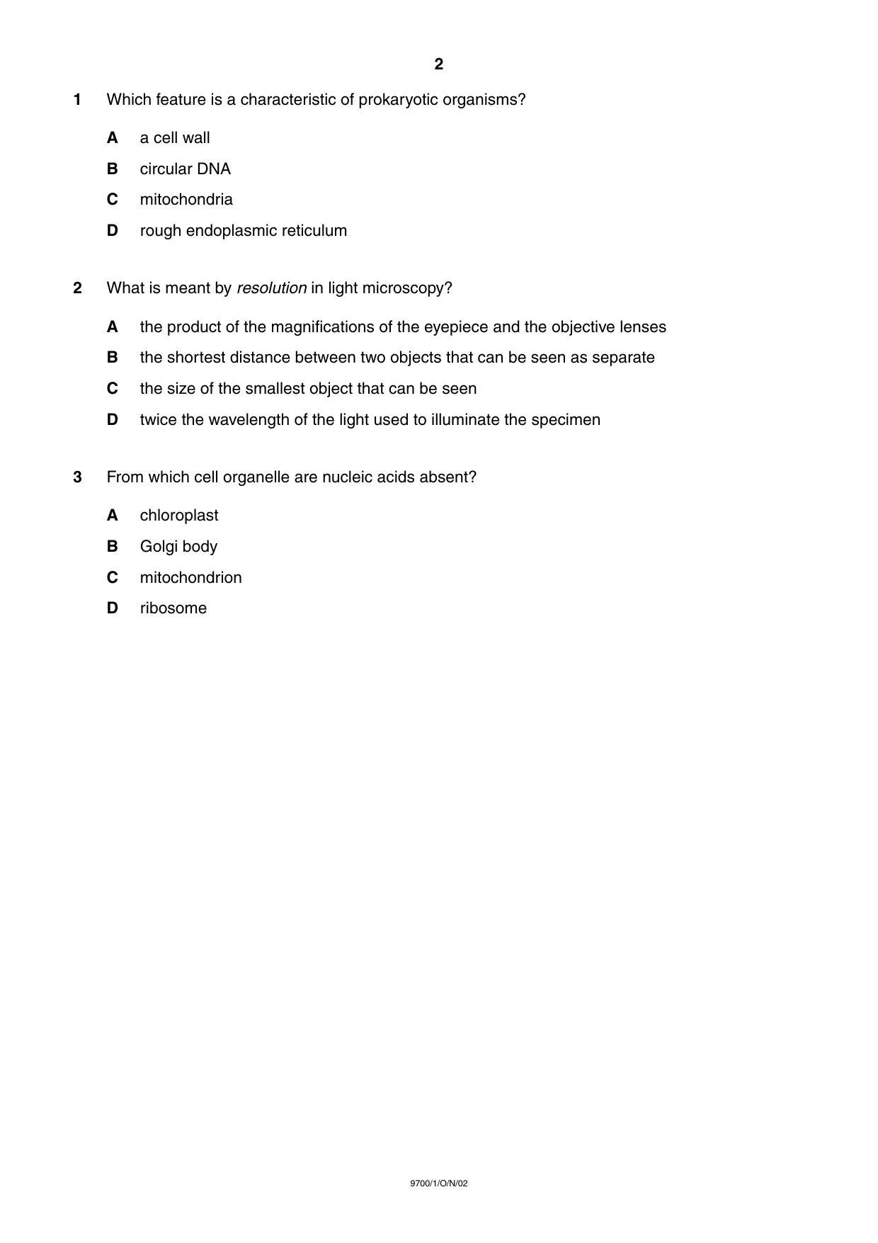Cambridge A Level Biology 9700 2002 Oct/Nov Paper 1 · Variant 1 question paper, page 2 of 16