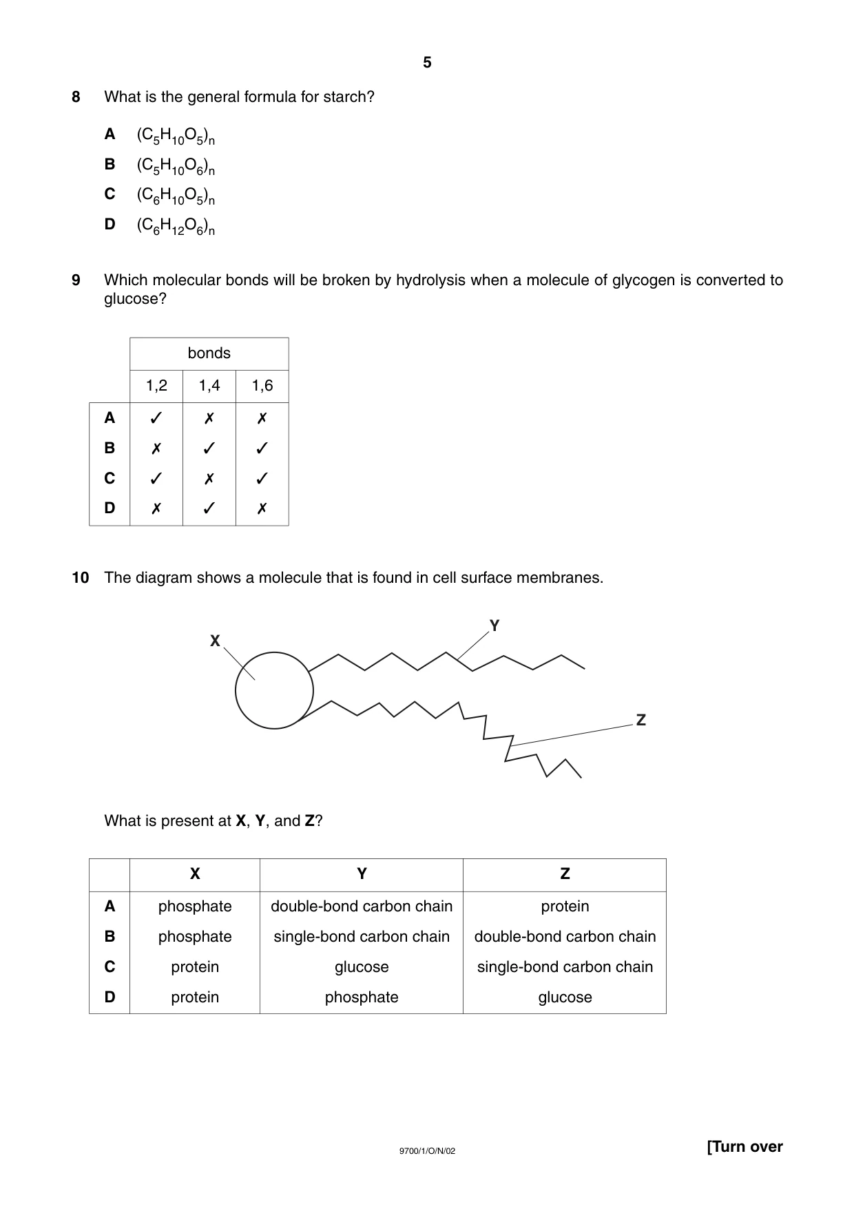 Cambridge A Level Biology 9700 2002 Oct/Nov Paper 1 · Variant 1 question paper, page 5 of 16