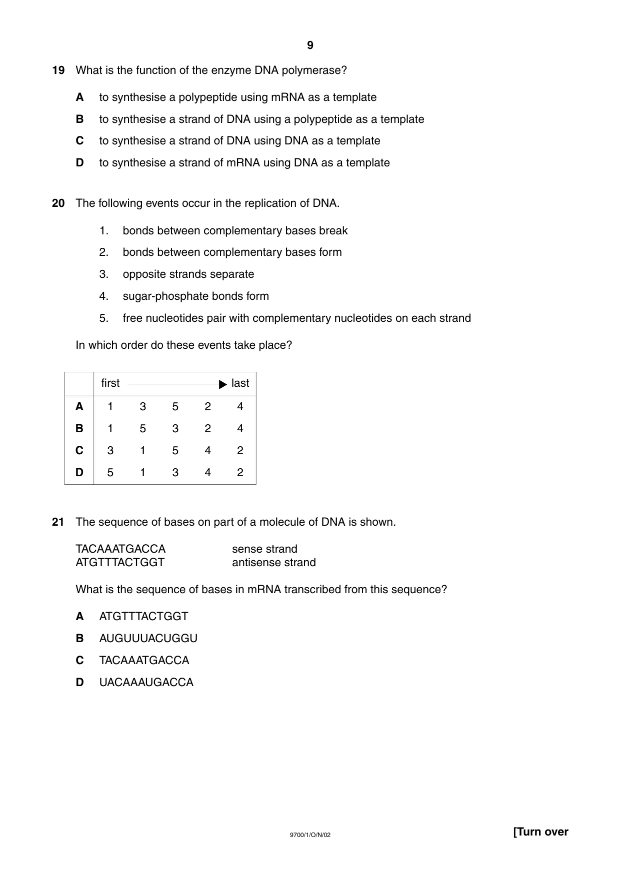Cambridge A Level Biology 9700 2002 Oct/Nov Paper 1 · Variant 1 question paper, page 9 of 16