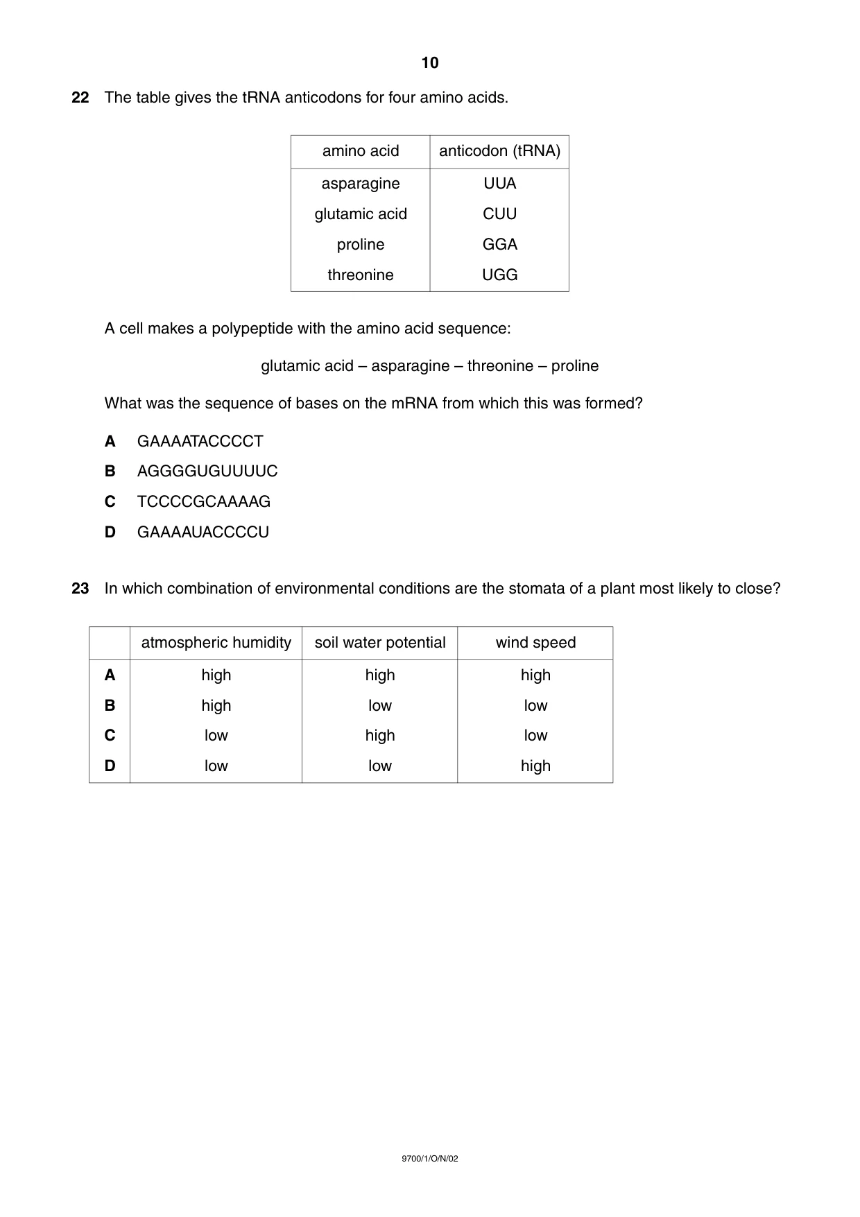 Cambridge A Level Biology 9700 2002 Oct/Nov Paper 1 · Variant 1 question paper, page 10 of 16