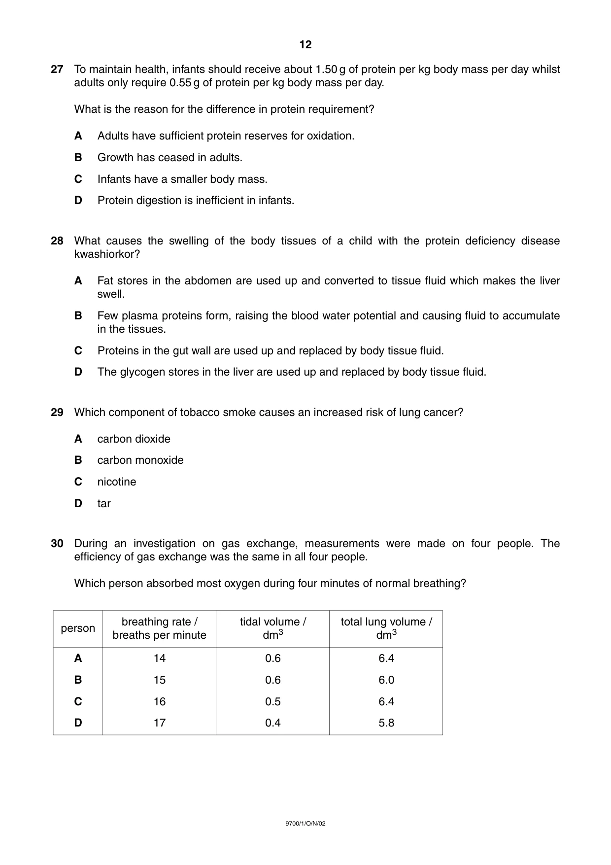 Cambridge A Level Biology 9700 2002 Oct/Nov Paper 1 · Variant 1 question paper, page 12 of 16