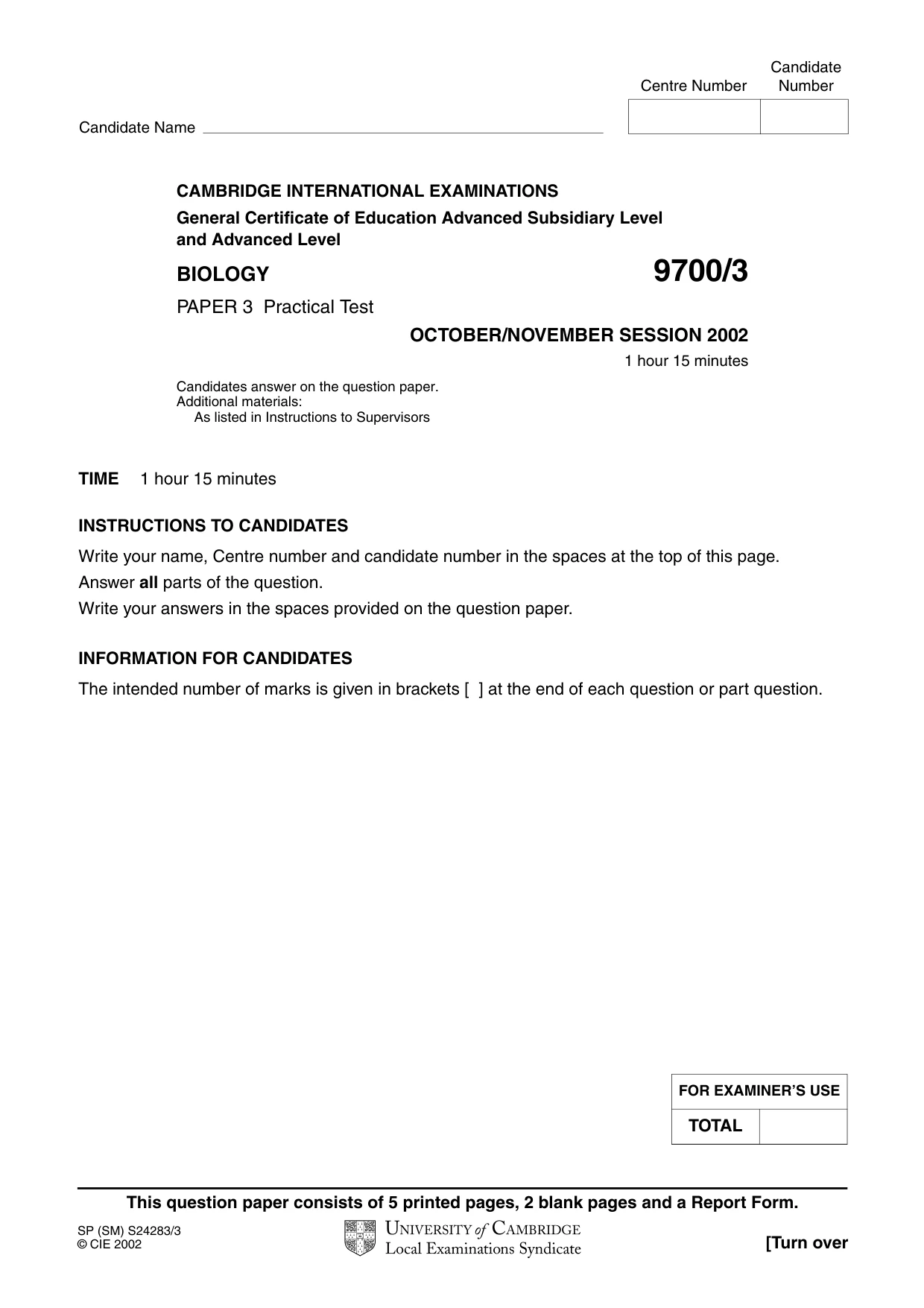 Cambridge A Level Biology 9700 2002 Oct/Nov Paper 3 · Variant 1 question paper, page 1 of 8
