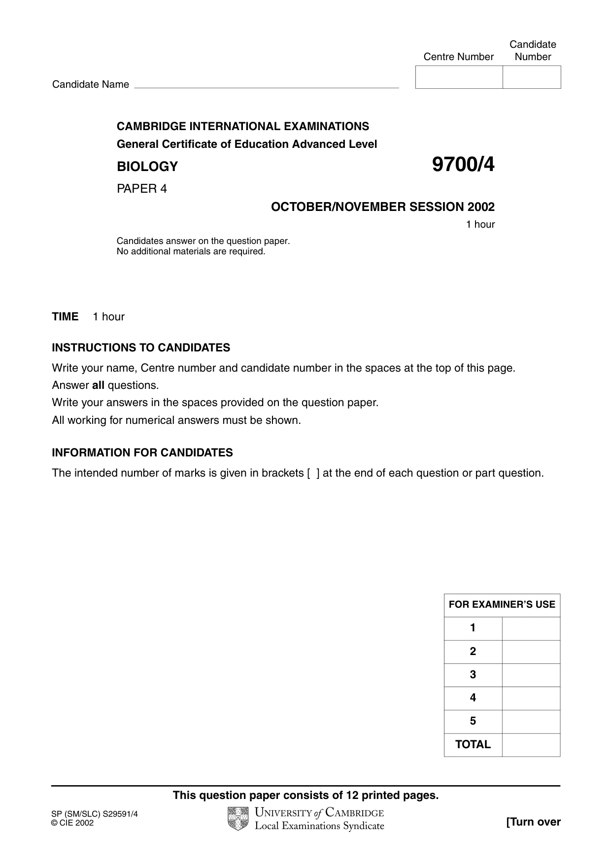Cambridge A Level Biology 9700 2002 Oct/Nov Paper 4 · Variant 1 question paper, page 1 of 12