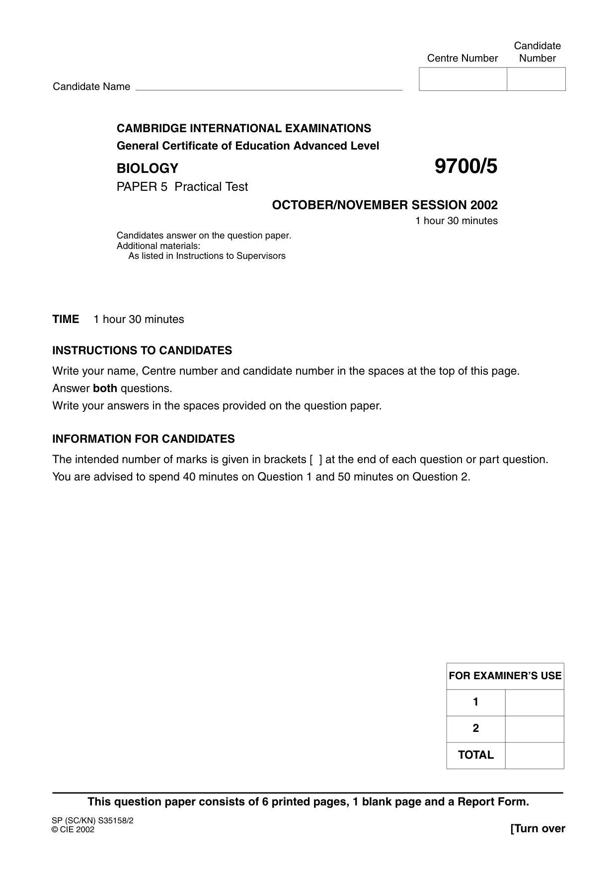 Cambridge A Level Biology 9700 2002 Oct/Nov Paper 5 · Variant 1 question paper, page 1 of 8