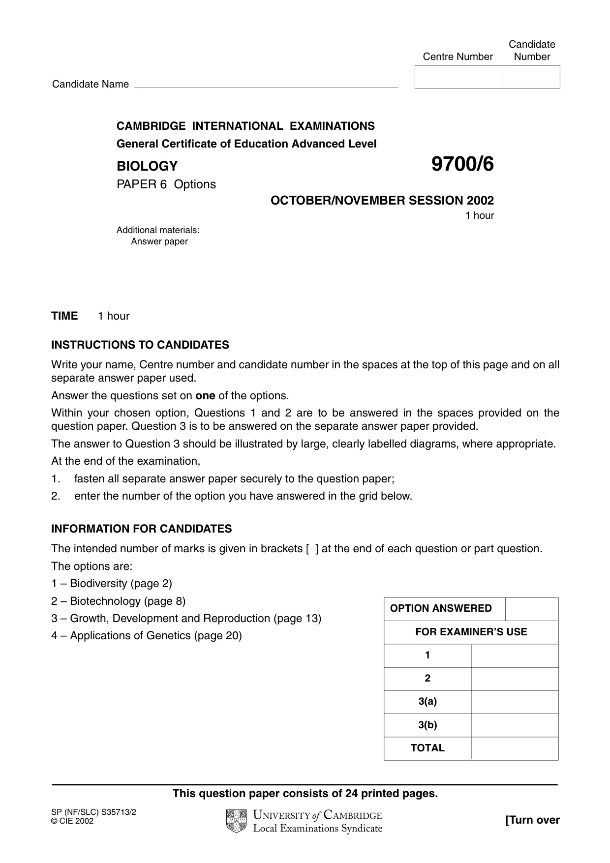 Cambridge A Level Biology 9700 2002 Oct/Nov Paper 6 · Variant 1 question paper, page 1 of 24