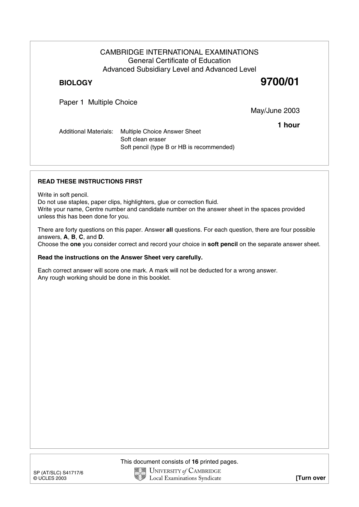 Cambridge A Level Biology 9700 2003 May/June Paper 1 · Variant 1 question paper, page 1 of 16