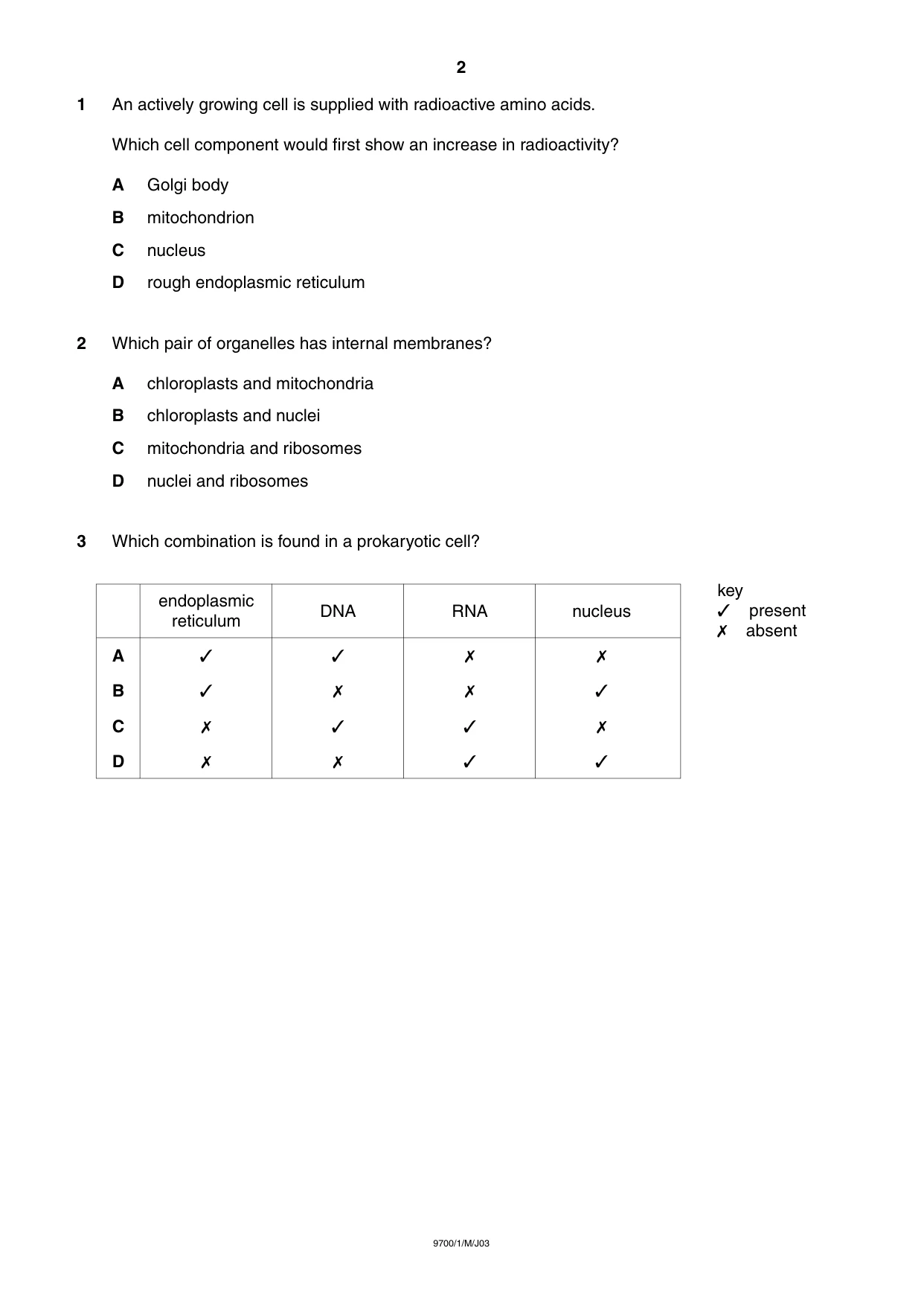 Cambridge A Level Biology 9700 2003 May/June Paper 1 · Variant 1 question paper, page 2 of 16