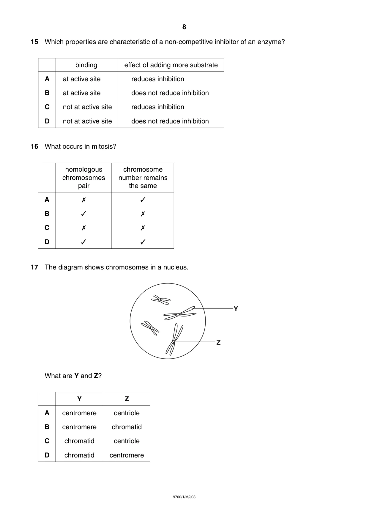 Cambridge A Level Biology 9700 2003 May/June Paper 1 · Variant 1 question paper, page 8 of 16