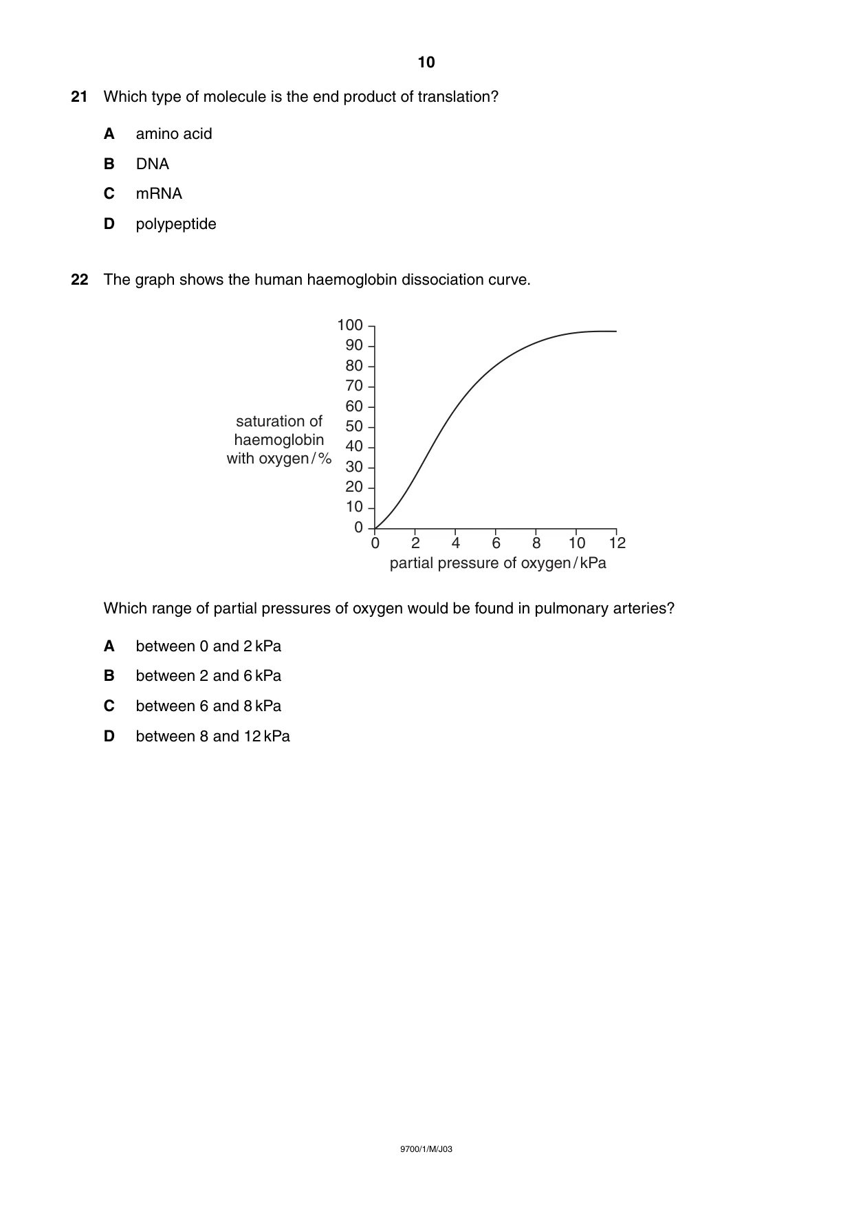 Cambridge A Level Biology 9700 2003 May/June Paper 1 · Variant 1 question paper, page 10 of 16