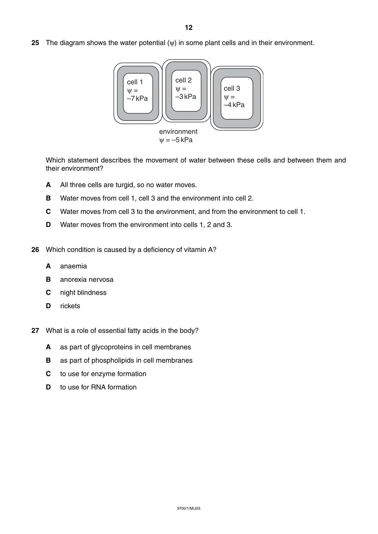 Cambridge A Level Biology 9700 2003 May/June Paper 1 · Variant 1 question paper, page 12 of 16