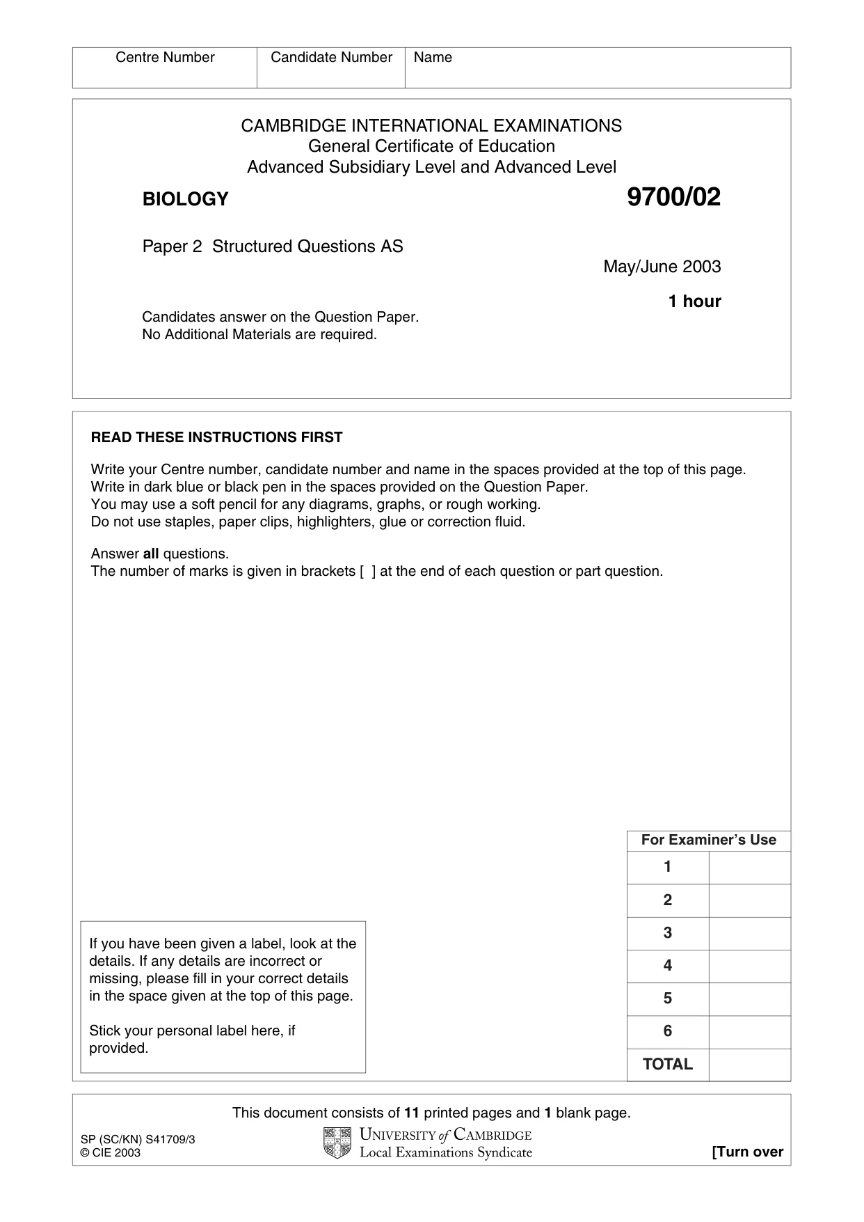 Cambridge A Level Biology 9700 2003 May/June Paper 2 · Variant 1 question paper, page 1 of 12