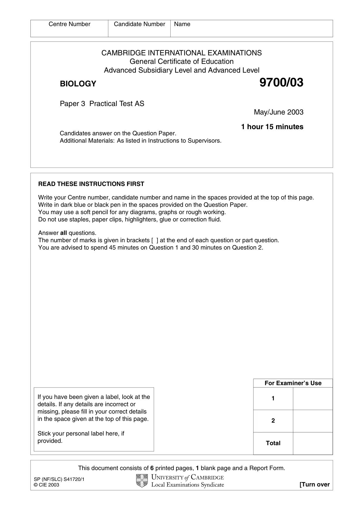 Cambridge A Level Biology 9700 2003 May/June Paper 3 · Variant 1 question paper, page 1 of 8