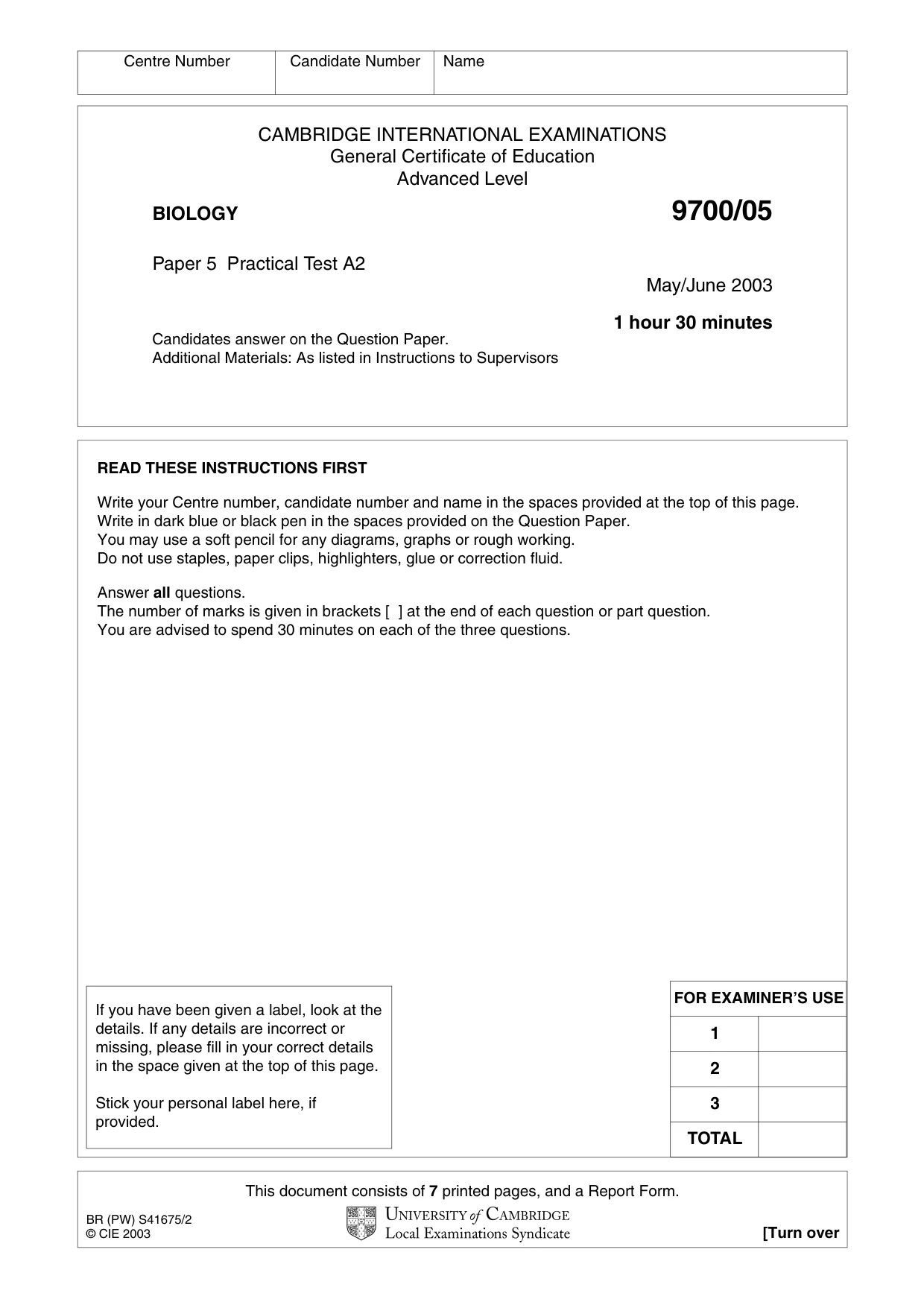 Cambridge A Level Biology 9700 2003 May/June Paper 5 · Variant 1 question paper, page 1 of 8