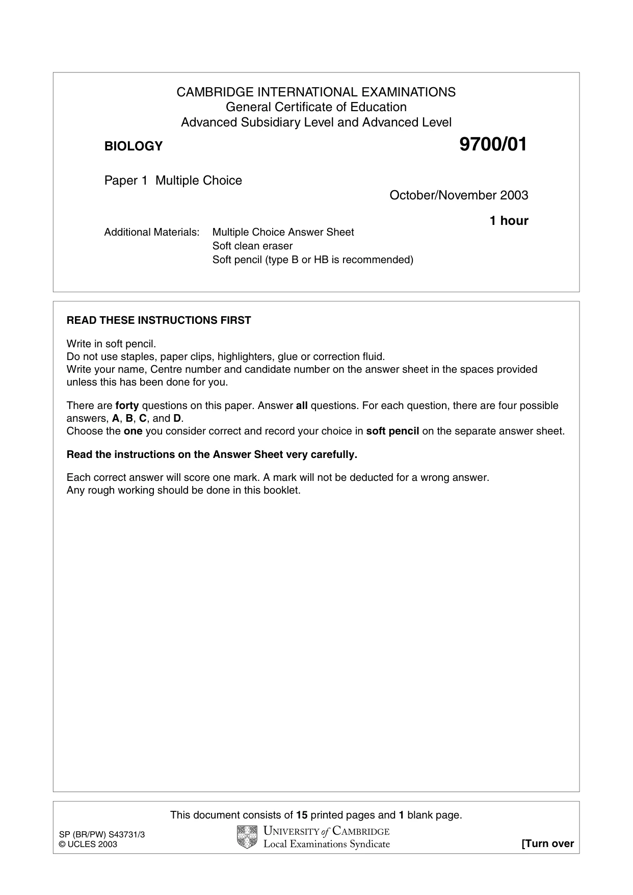 Cambridge A Level Biology 9700 2003 Oct/Nov Paper 1 · Variant 1 question paper, page 1 of 16