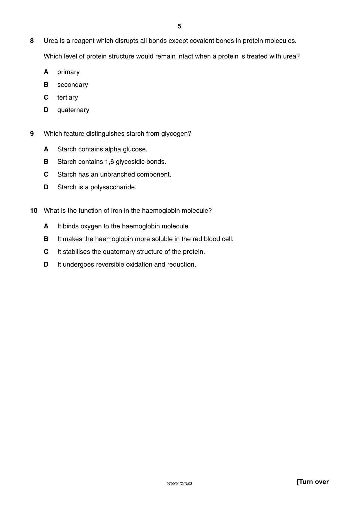 Cambridge A Level Biology 9700 2003 Oct/Nov Paper 1 · Variant 1 question paper, page 5 of 16