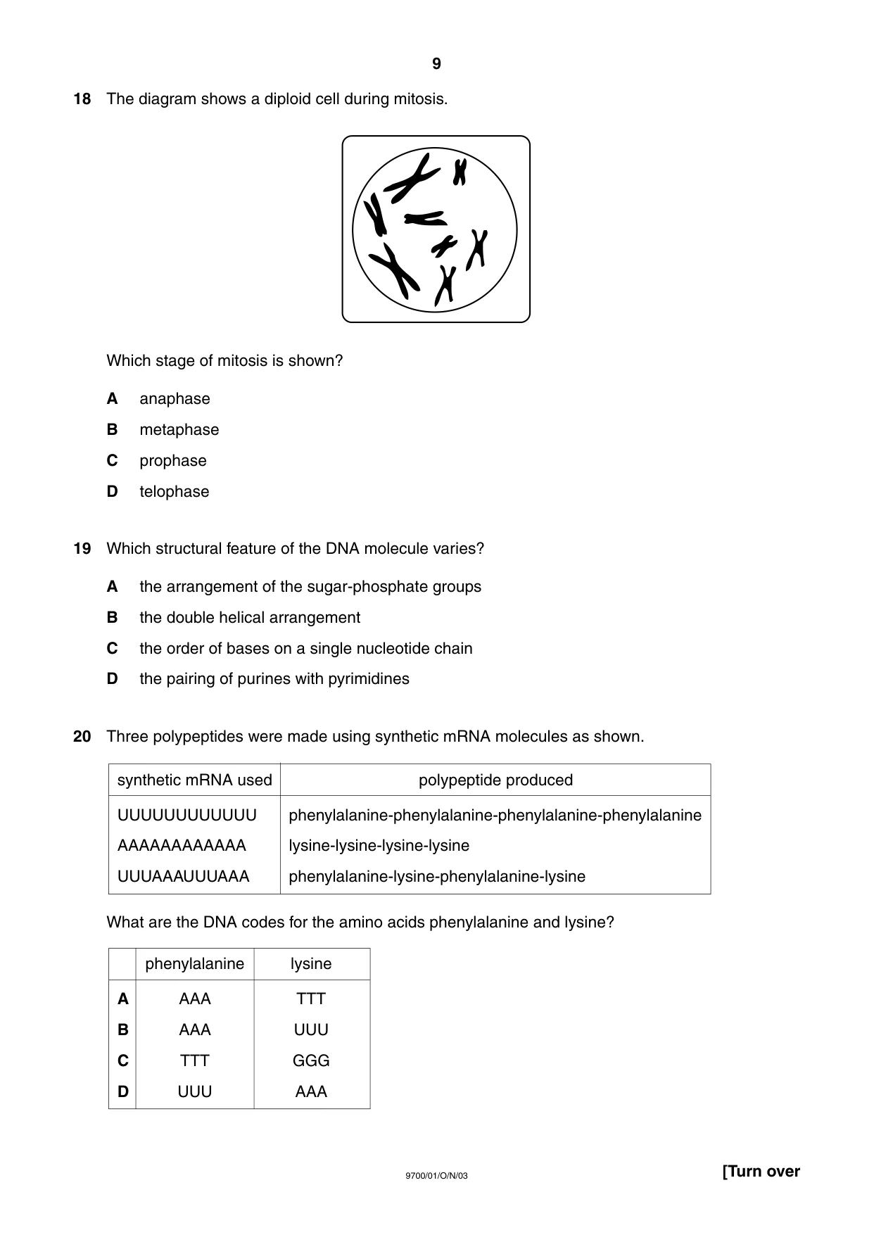 Cambridge A Level Biology 9700 2003 Oct/Nov Paper 1 · Variant 1 question paper, page 9 of 16