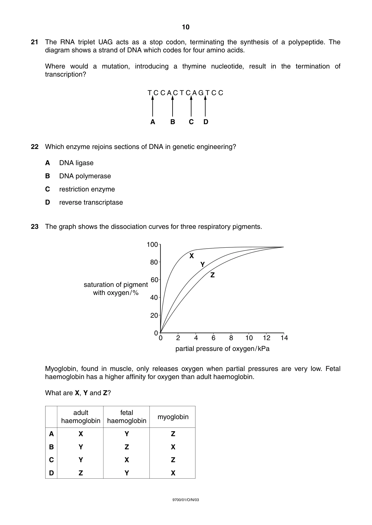 Cambridge A Level Biology 9700 2003 Oct/Nov Paper 1 · Variant 1 question paper, page 10 of 16