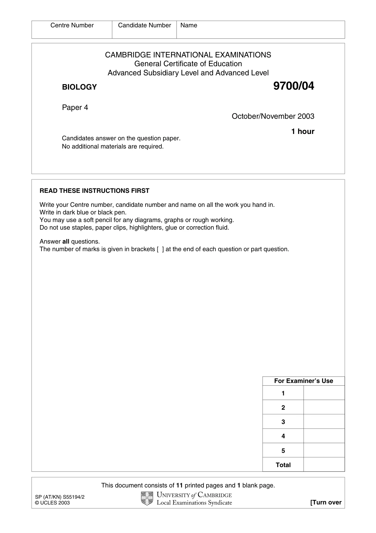 Cambridge A Level Biology 9700 2003 Oct/Nov Paper 4 · Variant 1 question paper, page 1 of 12