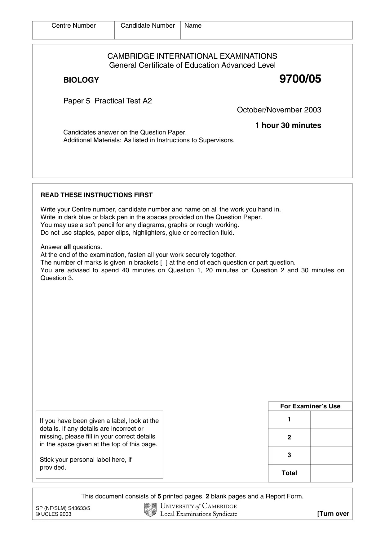 Cambridge A Level Biology 9700 2003 Oct/Nov Paper 5 · Variant 1 question paper, page 1 of 8
