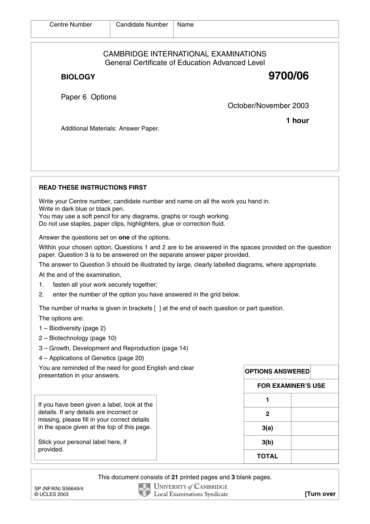 Cambridge A Level Biology 9700 2003 Oct/Nov Paper 6 · Variant 1 question paper, page 1 of 24