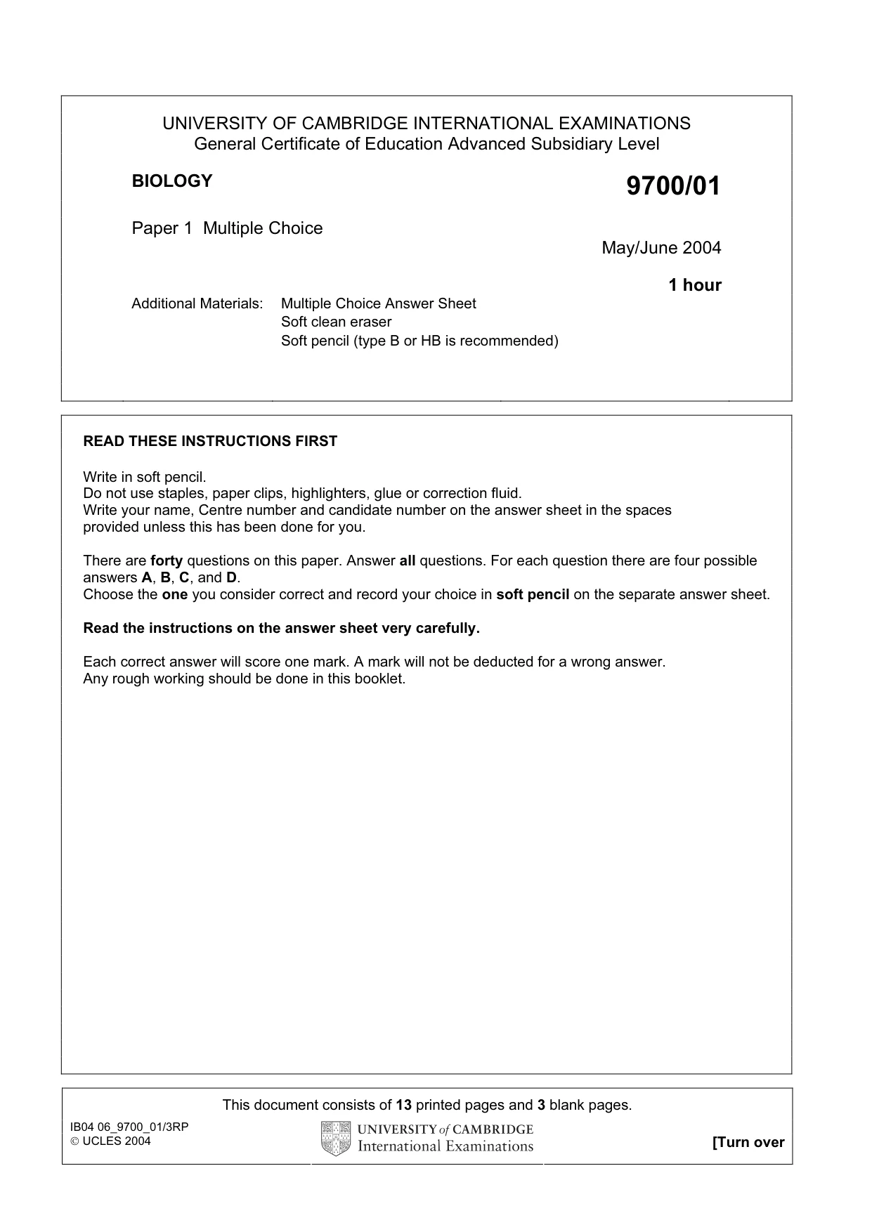 Cambridge A Level Biology 9700 2004 May/June Paper 1 · Variant 1 question paper, page 1 of 16