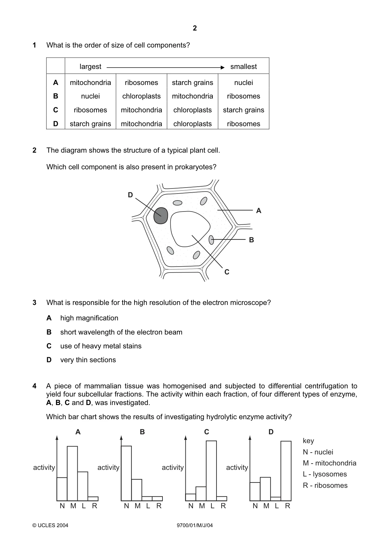Cambridge A Level Biology 9700 2004 May/June Paper 1 · Variant 1 question paper, page 2 of 16