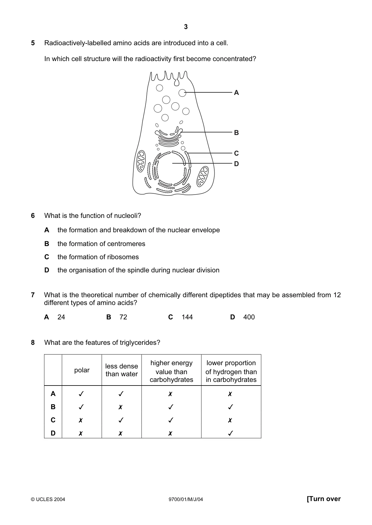 Cambridge A Level Biology 9700 2004 May/June Paper 1 · Variant 1 question paper, page 3 of 16