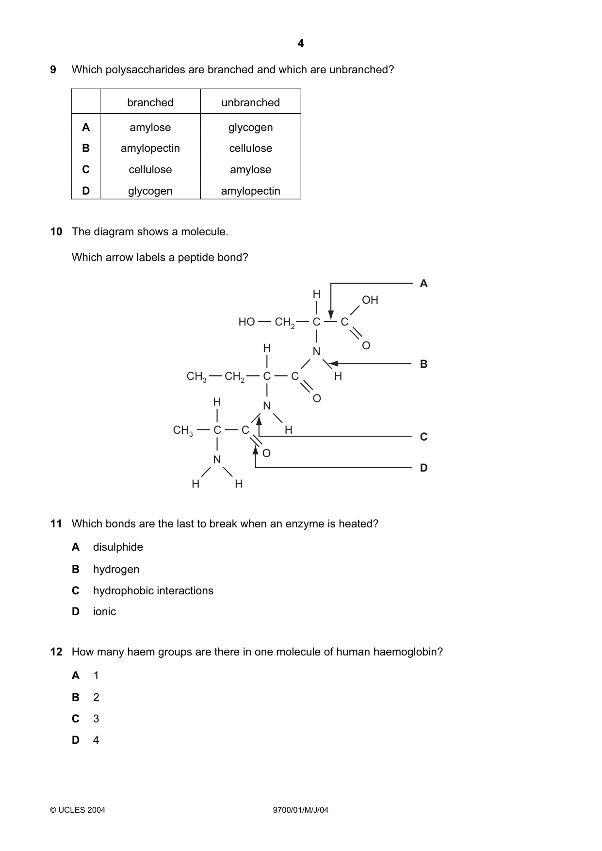 Cambridge A Level Biology 9700 2004 May/June Paper 1 · Variant 1 question paper, page 4 of 16