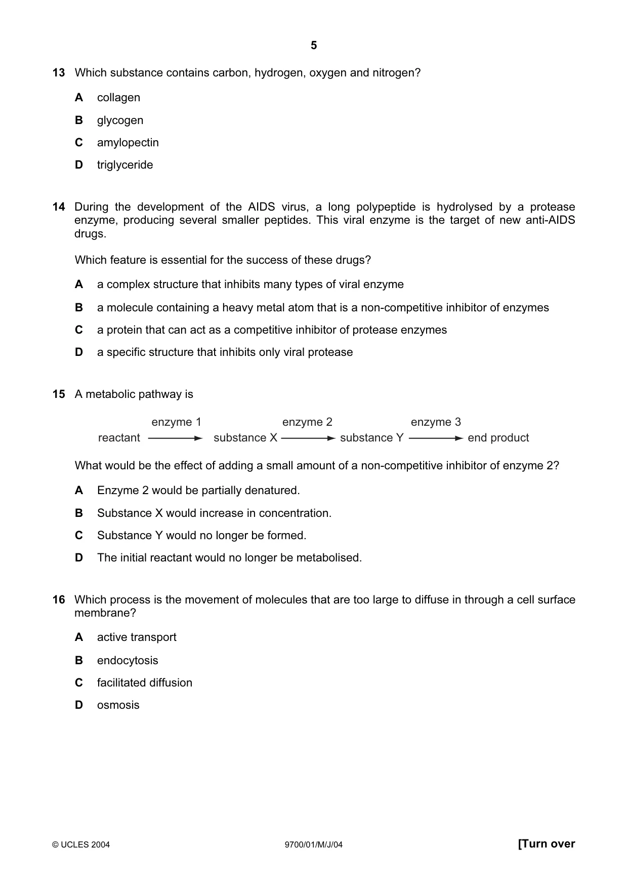 Cambridge A Level Biology 9700 2004 May/June Paper 1 · Variant 1 question paper, page 5 of 16