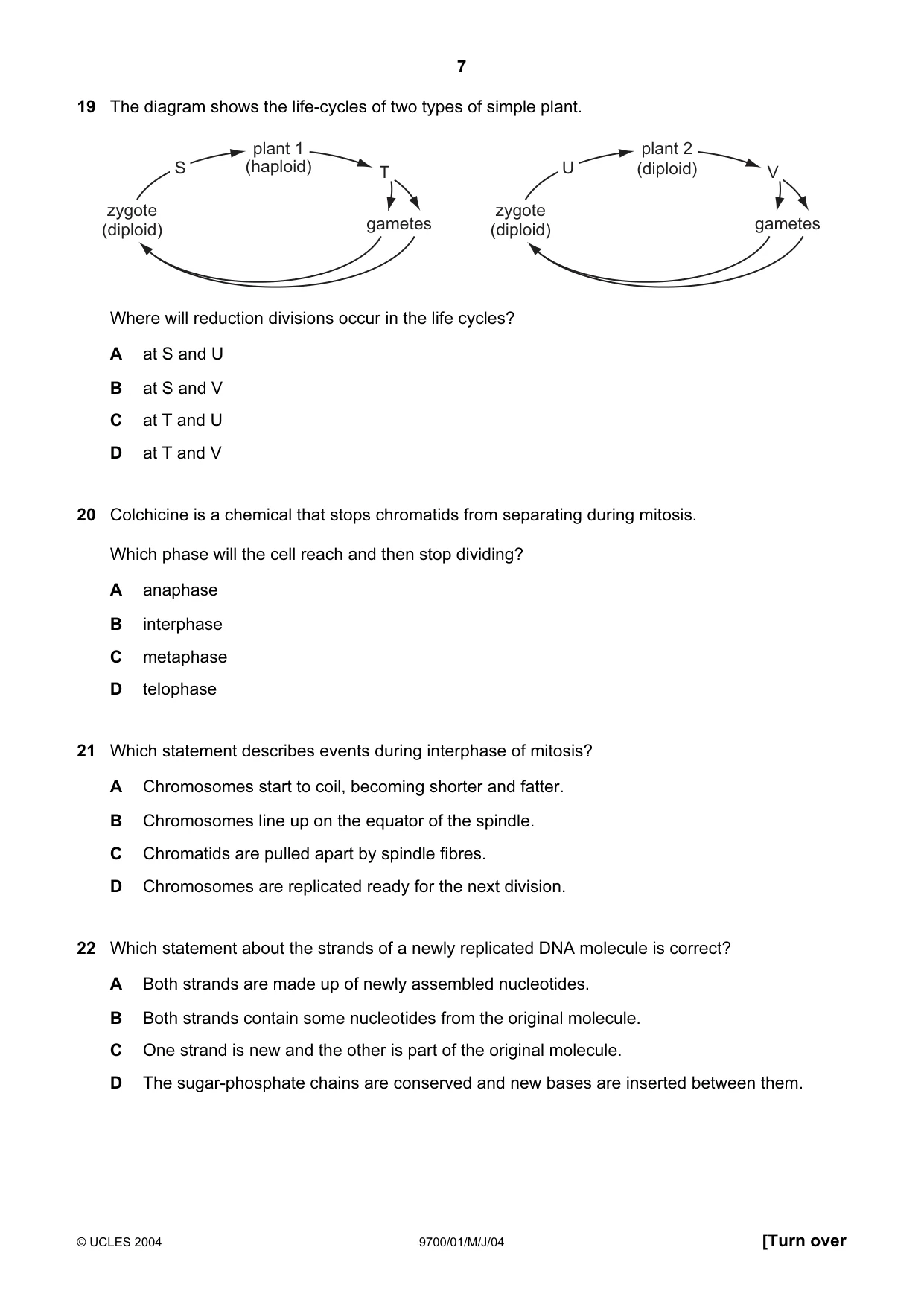 Cambridge A Level Biology 9700 2004 May/June Paper 1 · Variant 1 question paper, page 7 of 16