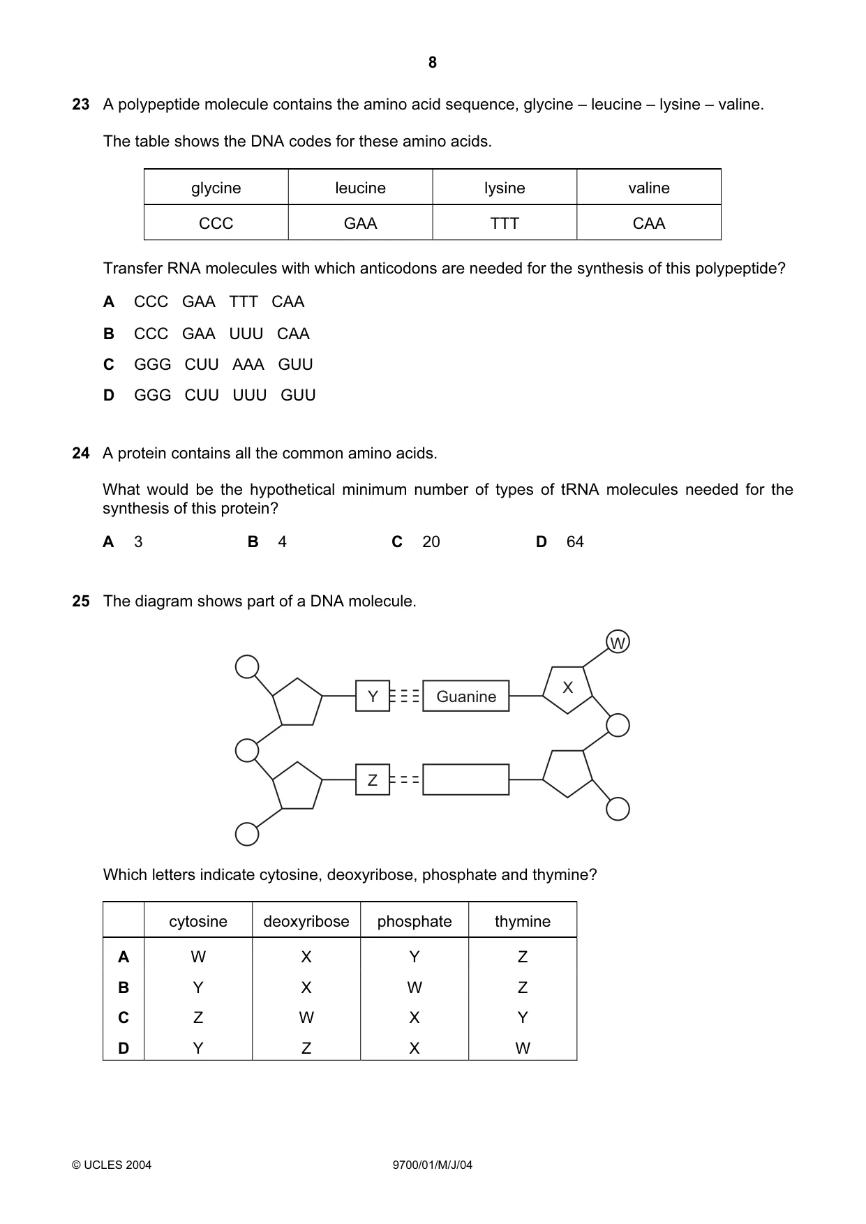 Cambridge A Level Biology 9700 2004 May/June Paper 1 · Variant 1 question paper, page 8 of 16