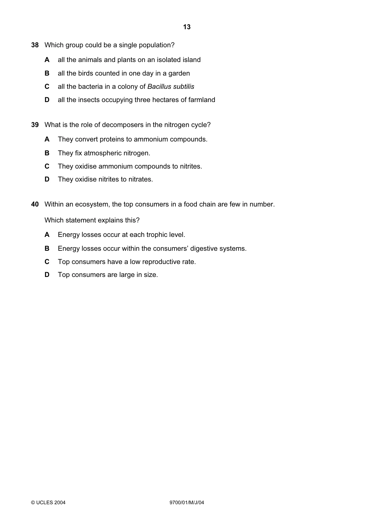 Cambridge A Level Biology 9700 2004 May/June Paper 1 · Variant 1 question paper, page 13 of 16