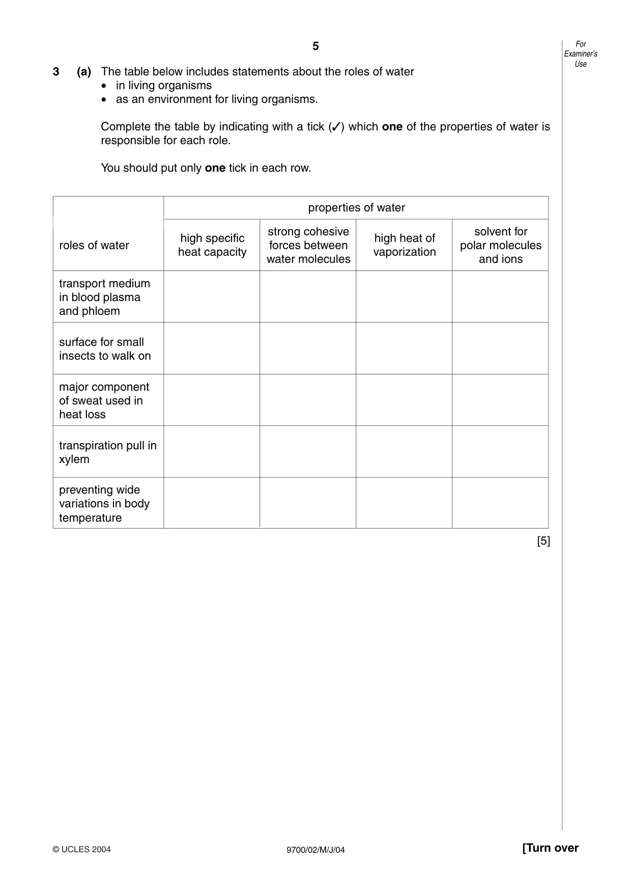 Cambridge A Level Biology 9700 2004 May/June Paper 2 · Variant 1 question paper, page 5 of 16