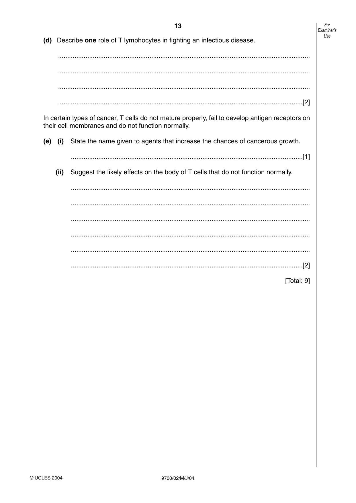 Cambridge A Level Biology 9700 2004 May/June Paper 2 · Variant 1 question paper, page 13 of 16